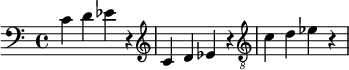 
{
    \clef bass
    \relative c' {
     c d es r 
     \clef treble
     c d es r
     \clef "G_8"
     c d es r
     }
}
