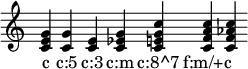 
{ \cadenzaOn \override Staff.TimeSignature #'stencil = ##f \time 1/4
\chordmode { c c:5 c:3 c:m c:8^7 f/+c f:m/+c }
\addlyrics { c "c:5" "c:3" "c:m" "c:8^7" "f:m/+c" }
}
