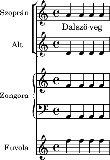 
\version "2.18.2"
\header { tagline = "" }    % ne legyen copyright szöveg
\score {
<<
   \new ChoirStaff
      <<
      \new Staff \with { instrumentName = #"Szoprán " shortInstrumentName = "S " } {
         \relative c' { a'4 a a a }
      }
      \addlyrics { Dal -- szö -- veg _ }
      \new Staff \with { instrumentName = #"Alt " shortInstrumentName = "A " } {
         \relative c' { d4 d d d }
      }
      >>
   \new PianoStaff \with { instrumentName = "Zongora "  shortInstrumentName = "Z " }
      <<
      \new Staff { \relative c' { f4 f f f } }
      \new Staff { \relative c' { \clef bass a, a a a } }
      >>
   \new Staff \with { instrumentName = "Fuvola " shortInstrumentName = "Fuv. " } {
      \relative c' { f'4 f f f }
      }
>> 
   \layout { indent = 1.25\cm line-width = 5\cm }
}
