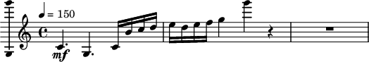 \version "2.18.2"
\layout { \context { \Voice \consists "Ambitus_engraver" } }
\header { tagline = "" } % ne legyen copyright szöveg
baseMelody = \relative c' {
c4.\mf g c16 b' c d
e16 d e f g4 g'4 r
R1
}
melody = {
\tempo 4 = 150
\baseMelody
}
\score {
\new Staff <<
\new Voice \melody
>>
\layout { }
}
\score {
\new Staff <<
\new Voice {
r\mf
\set Staff.midiInstrument = #"acoustic grand" \melody
\set Staff.midiInstrument = #"bright acoustic" \melody
\set Staff.midiInstrument = #"electric grand" \melody
\set Staff.midiInstrument = #"honky-tonk" \melody
\set Staff.midiInstrument = #"electric piano 1" \melody
\set Staff.midiInstrument = #"electric piano 2" \melody
\set Staff.midiInstrument = #"harpsichord" \melody
\set Staff.midiInstrument = #"clav" \melody
\set Staff.midiInstrument = #"celesta" \melody
\set Staff.midiInstrument = #"glockenspiel" \melody
\set Staff.midiInstrument = #"music box" \melody
\set Staff.midiInstrument = #"vibraphone" \melody
\set Staff.midiInstrument = #"marimba" \melody
\set Staff.midiInstrument = #"xylophone" \melody
\set Staff.midiInstrument = #"tubular bells" \melody
\set Staff.midiInstrument = #"dulcimer" \melody
\set Staff.midiInstrument = #"drawbar organ" \melody
\set Staff.midiInstrument = #"percussive organ" \melody
\set Staff.midiInstrument = #"rock organ" \melody
\set Staff.midiInstrument = #"church organ" \melody
\set Staff.midiInstrument = #"reed organ" \melody
\set Staff.midiInstrument = #"accordion" \melody
\set Staff.midiInstrument = #"harmonica" \melody
\set Staff.midiInstrument = #"concertina" \melody
\set Staff.midiInstrument = #"acoustic guitar (nylon)" \melody
\set Staff.midiInstrument = #"acoustic guitar (steel)" \melody
\set Staff.midiInstrument = #"electric guitar (jazz)" \melody
\set Staff.midiInstrument = #"electric guitar (clean)" \melody
\set Staff.midiInstrument = #"electric guitar (muted)" \melody
\set Staff.midiInstrument = #"overdriven guitar" \melody
\set Staff.midiInstrument = #"distorted guitar" \melody
\set Staff.midiInstrument = #"acoustic bass" \melody
\set Staff.midiInstrument = #"electric bass (finger)" \melody
\set Staff.midiInstrument = #"electric bass (pick)" \melody
\set Staff.midiInstrument = #"fretless bass" \melody
\set Staff.midiInstrument = #"slap bass 1" \melody
\set Staff.midiInstrument = #"slap bass 2" \melody
\set Staff.midiInstrument = #"synth bass 1" \melody
\set Staff.midiInstrument = #"synth bass 2" \melody
\set Staff.midiInstrument = #"violin" \melody
\set Staff.midiInstrument = #"viola" \melody
\set Staff.midiInstrument = #"cello" \melody
\set Staff.midiInstrument = #"contrabass" \melody
\set Staff.midiInstrument = #"tremolo strings" \melody
\set Staff.midiInstrument = #"pizzicato strings" \melody
\set Staff.midiInstrument = #"orchestral harp" \melody
\set Staff.midiInstrument = #"timpani" \melody
\set Staff.midiInstrument = #"string ensemble 1" \melody
\set Staff.midiInstrument = #"string ensemble 2" \melody
\set Staff.midiInstrument = #"synthstrings 1" \melody
\set Staff.midiInstrument = #"synthstrings 2" \melody
\set Staff.midiInstrument = #"choir aahs" \melody
\set Staff.midiInstrument = #"voice oohs" \melody
\set Staff.midiInstrument = #"synth voice" \melody
\set Staff.midiInstrument = #"orchestra hit" \melody
\set Staff.midiInstrument = #"trumpet" \melody
\set Staff.midiInstrument = #"trombone" \melody
\set Staff.midiInstrument = #"tuba" \melody
\set Staff.midiInstrument = #"muted trumpet" \melody
\set Staff.midiInstrument = #"french horn" \melody
\set Staff.midiInstrument = #"brass section" \melody
\set Staff.midiInstrument = #"synthbrass 1" \melody
\set Staff.midiInstrument = #"synthbrass 2" \melody
\set Staff.midiInstrument = #"soprano sax" \melody
\set Staff.midiInstrument = #"alto sax" \melody
\set Staff.midiInstrument = #"tenor sax" \melody
\set Staff.midiInstrument = #"baritone sax" \melody
\set Staff.midiInstrument = #"oboe" \melody
\set Staff.midiInstrument = #"english horn" \melody
\set Staff.midiInstrument = #"bassoon" \melody
\set Staff.midiInstrument = #"clarinet" \melody
\set Staff.midiInstrument = #"piccolo" \melody
\set Staff.midiInstrument = #"flute" \melody
\set Staff.midiInstrument = #"recorder" \melody
\set Staff.midiInstrument = #"pan flute" \melody
\set Staff.midiInstrument = #"blown bottle" \melody
\set Staff.midiInstrument = #"shakuhachi" \melody
\set Staff.midiInstrument = #"whistle" \melody
\set Staff.midiInstrument = #"ocarina" \melody
\set Staff.midiInstrument = #"lead 1 (square)" \melody
\set Staff.midiInstrument = #"lead 2 (sawtooth)" \melody
\set Staff.midiInstrument = #"lead 3 (calliope)" \melody
\set Staff.midiInstrument = #"lead 4 (chiff)" \melody
\set Staff.midiInstrument = #"lead 5 (charang)" \melody
\set Staff.midiInstrument = #"lead 6 (voice)" \melody
\set Staff.midiInstrument = #"lead 7 (fifths)" \melody
\set Staff.midiInstrument = #"lead 8 (bass+lead)" \melody
\set Staff.midiInstrument = #"pad 1 (new age)" \melody
\set Staff.midiInstrument = #"pad 2 (warm)" \melody
\set Staff.midiInstrument = #"pad 3 (polysynth)" \melody
\set Staff.midiInstrument = #"pad 4 (choir)" \melody
\set Staff.midiInstrument = #"pad 5 (bowed)" \melody
\set Staff.midiInstrument = #"pad 6 (metallic)" \melody
\set Staff.midiInstrument = #"pad 7 (halo)" \melody
\set Staff.midiInstrument = #"pad 8 (sweep)" \melody
\set Staff.midiInstrument = #"fx 1 (rain)" \melody
\set Staff.midiInstrument = #"fx 2 (soundtrack)" \melody
\set Staff.midiInstrument = #"fx 3 (crystal)" \melody
\set Staff.midiInstrument = #"fx 4 (atmosphere)" \melody
\set Staff.midiInstrument = #"fx 5 (brightness)" \melody
\set Staff.midiInstrument = #"fx 6 (goblins)" \melody
\set Staff.midiInstrument = #"fx 7 (echoes)" \melody
\set Staff.midiInstrument = #"fx 8 (sci-fi)" \melody
\set Staff.midiInstrument = #"sitar" \melody
\set Staff.midiInstrument = #"banjo" \melody
\set Staff.midiInstrument = #"shamisen" \melody
\set Staff.midiInstrument = #"koto" \melody
\set Staff.midiInstrument = #"kalimba" \melody
\set Staff.midiInstrument = #"bagpipe" \melody
\set Staff.midiInstrument = #"fiddle" \melody
\set Staff.midiInstrument = #"shanai" \melody
\set Staff.midiInstrument = #"tinkle bell" \melody
\set Staff.midiInstrument = #"agogo" \melody
\set Staff.midiInstrument = #"steel drums" \melody
\set Staff.midiInstrument = #"woodblock" \melody
\set Staff.midiInstrument = #"taiko drum" \melody
\set Staff.midiInstrument = #"melodic tom" \melody
\set Staff.midiInstrument = #"synth drum" \melody
\set Staff.midiInstrument = #"reverse cymbal" \melody
\set Staff.midiInstrument = #"guitar fret noise" \melody
\set Staff.midiInstrument = #"breath noise" \melody
\set Staff.midiInstrument = #"seashore" \melody
\set Staff.midiInstrument = #"bird tweet" \melody
\set Staff.midiInstrument = #"telephone ring" \melody
\set Staff.midiInstrument = #"helicopter" \melody
\set Staff.midiInstrument = #"applause" \melody
\set Staff.midiInstrument = #"gunshot" \melody
}
>>
\midi { }
}
