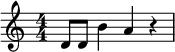 
{
    \numericTimeSignature
    \time 4/4
    \relative c' {
     d8 d b'4 a r
     }
}
