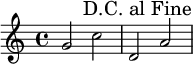 
{ \relative c'' {
  g2 c
  d,2 a'
  \once \override Score.RehearsalMark.break-visibility = ##(#t #f #f)
  \once \override Score.RehearsalMark.self-alignment-X = #1
  %\override Score.RehearsalMark #'direction = #DOWN
  %\once \override Score.RehearsalMark.Y-offset = #-8
  \mark "D.C. al Fine"
  }
}
