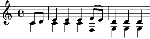 
{    \key c \major
     \relative c' {
     \partial 4
     <<
     {   c8 d e4 e e f8( e) d4 d d }
     \\
     {   c4 c c c f, g g g }
     >>
     }
}
