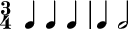 \new Staff \with { \omit StaffSymbol \override NoteHead.no-ledgers = ##t }
{
\relative c' {
\override Score.Clef #'stencil = ##f
\time 3/4 f4 f f \bar "|" f f2 \bar ""
}
}