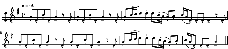 \version "2.18.2"
\layout { \context { \Voice \consists "Ambitus_engraver" } }
\header { tagline = "" } % ne legyen copyright szöveg
tema = \relative c' { g'8-. d-. b'-. d,-. g4-- r8 d-. g-. d-. b'-. d,-. g4-- r8
d-. g-. b16( c d8)-. d-. d-- b16( a g8)-. a-. b16( g d8)-. d-. d-. }
dallam = \relative c' {
\key g \major
\time 4/4
\override Score.MetronomeMark.padding = #2 \tempo 4 = 60
\set Staff.midiInstrument = "tubular bells"
\tema d4-- r8 d-. \tema g2-- \bar "|."
}
\score {
\dallam
\header {
title = "Bécsi harangjáték"
composer = "Kodály Zoltán"
}
\layout { indent = 0.0\cm }
}
\score {
\unfoldRepeats
\dallam
\midi { }
}