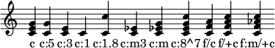 { \override Staff.TimeSignature #'stencil = ##f \time 1/4 \override Score.BarLine.stencil = ##f
\chordmode { c c:5 c:3 c:1 c:1.8 c:m3 c:m c:8^7 f/c f/+c f:m/+c }
\addlyrics { c "c:5" "c:3" "c:1" "c:1.8" "c:m3" "c:m" "c:8^7" "f/c" "f/+c" "f:m/+c" }
}