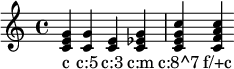 {
\chordmode { c c:5 c:3 c:m c:8^7 f/+c}
\addlyrics { c "c:5" "c:3" "c:m" "c:8^7" "f/+c" }
}