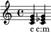 { \chordmode { c c:m }
\addlyrics { c c:m }
}