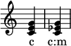 { \override TimeSignature.stencil = ##f \override Staff.TimeSignature #'stencil = ##f \time 1/4
\chordmode { c c:m }
\addlyrics { c c:m }
}