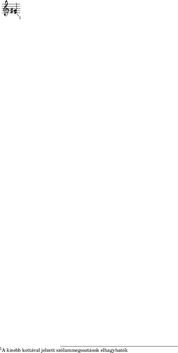 \relative c' { \override Staff.TimeSignature #'stencil = ##f
<gis' \footnote #'(1 . -1) "A kisebb kottával jelzett szólammegosztások elhagyhatók" \tweak font-size #-2 e>4 }