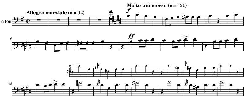\version "2.18.2"
\layout { \context { \Voice \consists "Ambitus_engraver" } }
\header { tagline = "" } % ne legyen copyright szöveg
enek_har = \relative c' {
%{Föl! ha vész jő%} \tempo "Molto più mosso" 4 = 120 <>\f \key e \major
\repeat unfold 2 { b4 cis b a fis8 gis a4 ais8 ais ais4 b r }
%{Kárpátoktól%} r b\ff cis8 cis dis4 | cis b8 cis dis4-> dis | r b8 b cis4 dis | cis b8 cis dis4-> dis |
<<
\new Staff \with { alignAboveContext = #"enek" shortInstrumentName = #"Ossia" instrumentName = #"Ossia"
\override Clef.stencil = ##f \override KeySignature.stencil = ##f \override TimeSignature.stencil = ##f
fontSize = #-3 %\override StaffSymbol.staff-space = #(magstep -3)
}
{ % Arra semmit nem találtam, hogyan lehetne % az ossia és a bariton ütemvonalait összekötni.
\clef bass \key e \major \once \omit Staff.TimeSignature
\relative c' { r4 cis2 gis4 | \slashedGrace ais8 gis4 eis gis gis | cis2 cis4 r |
r4 cis2 ais4 | \slashedGrace cis8 ais4 fis ais4. ais8 | cis2 cis4 r | }
}
{ %{Isten áldd meg fegyverünket!%} r4 eis2 cis4 | \slashedGrace dis8 cis4 gis cis4. cis8 | eis2 cis4 r |
r4 fis2 cis4 | \slashedGrace dis8 cis4 ais cis4. cis8 | fis2 cis4 r | }
>> }
dallam = <<
\new Staff = "enek" {
\set Staff.instrumentName = #"Bariton"
\set Staff.midiInstrument = "trombone"
\clef bass \key g \major \tempo "Allegro marziale" 4 = 92 % csak ha enek_egy van
R1*4 % csak ha enek_egy van
\new Voice = "bariton" { \dynamicUp \enek_har }
}
% \new Lyrics \lyricsto "bariton" { \baritxt }
>>
\score {
<<
\dallam
% \addlyrics
>>
\layout { indent = 0.0\cm }
}
\score {
\unfoldRepeats
\dallam
\midi { }
}
