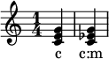 { \override TimeSignature.stencil = ##f \time 1/4
\chordmode { c c:m }
\addlyrics { c c:m }
}