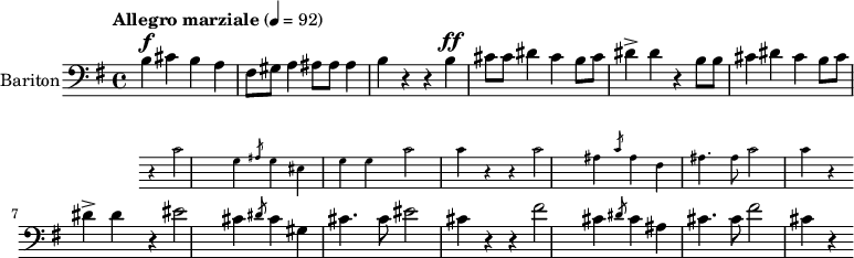 \version "2.18.2"
%\layout { \context { \Voice \consists "Ambitus_engraver" } }
\header { tagline = "" } % ne legyen copyright szöveg
enek_har = \relative c' {
%{Föl! ha vész jő%} \tempo "Molto più mosso" 4 = 120 <>\f \key e \major
\repeat unfold 1 { b4 cis b a fis8 gis a4 ais8 ais ais4 b r }
%{Kárpátoktól%} r b\ff cis8 cis dis4 | cis b8 cis dis4-> dis | r b8 b cis4 dis | cis b8 cis dis4-> dis |
<<
\new Staff \with { alignAboveContext = #"enek" shortInstrumentName = #"Ossia" instrumentName = #"Ossia"
\override Clef.stencil = ##f \override KeySignature.stencil = ##f \override TimeSignature.stencil = ##f
fontSize = #-3 %\override StaffSymbol.staff-space = #(magstep -3)
}
{ % Arra semmit nem találtam, hogyan lehetne % az ossia és a bariton ütemvonalait összekötni.
\clef bass \key e \major \once \omit Staff.TimeSignature
\relative c' { r4 cis2 gis4 | \slashedGrace ais8 gis4 eis gis gis | cis2 cis4 r |
r4 cis2 ais4 | \slashedGrace cis8 ais4 fis ais4. ais8 | cis2 cis4 r | }
}
{ %{Isten áldd meg fegyverünket!%} r4 eis2 cis4 | \slashedGrace dis8 cis4 gis cis4. cis8 | eis2 cis4 r |
r4 fis2 cis4 | \slashedGrace dis8 cis4 ais cis4. cis8 | fis2 cis4 r | }
>> }
dallam = <<
\new Staff = "enek" {
\set Staff.instrumentName = #"Bariton"
\set Staff.midiInstrument = "trombone"
\clef bass \key g \major \tempo "Allegro marziale" 4 = 92 % csak ha enek_egy van
\new Voice = "bariton" { \dynamicUp \enek_har }
}
% \new Lyrics \lyricsto "bariton" { \baritxt }
>>
\score {
<<
\dallam
% \addlyrics
>>
\layout { indent = 1.0\cm }
}
\score {
\unfoldRepeats
\dallam
\midi { }
}