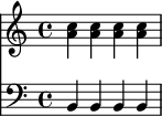 
\version "2.18.2"
\header { tagline = "" }    % ne legyen copyright szöveg
\score {
<<
\new Staff { \new Voice = "szopran" { \relative c' { a' a a a | } } }
\new Staff { \new voice = "basszus" { \relative c  { \clef bass b b b b | } } }
\context Voice = "szopran" { \relative c' { c' c c c  | } }
>>
}
